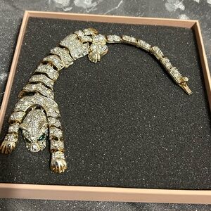 VINTAGE Articulating Panther/Jaguar Pave Figural Gold Tone Statement Bracelet